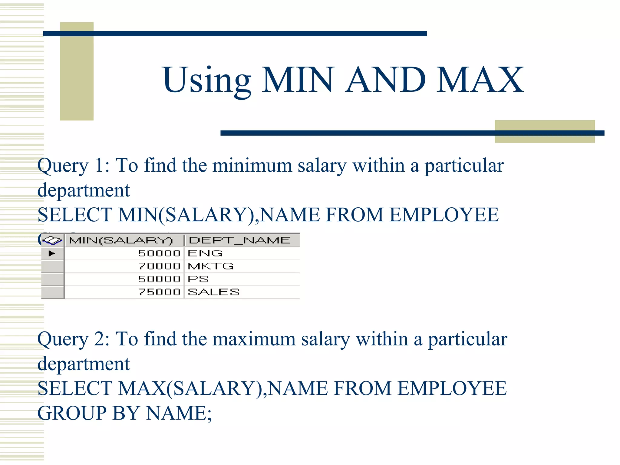 Using MIN AND MAX
Query 1: To find the minimum salary within a particular
department
SELECT MIN(SALARY),NAME FROM EMPLOYEE
GROUP BY NAME;
Query 2: To find the maximum salary within a particular
department
SELECT MAX(SALARY),NAME FROM EMPLOYEE
GROUP BY NAME;
 