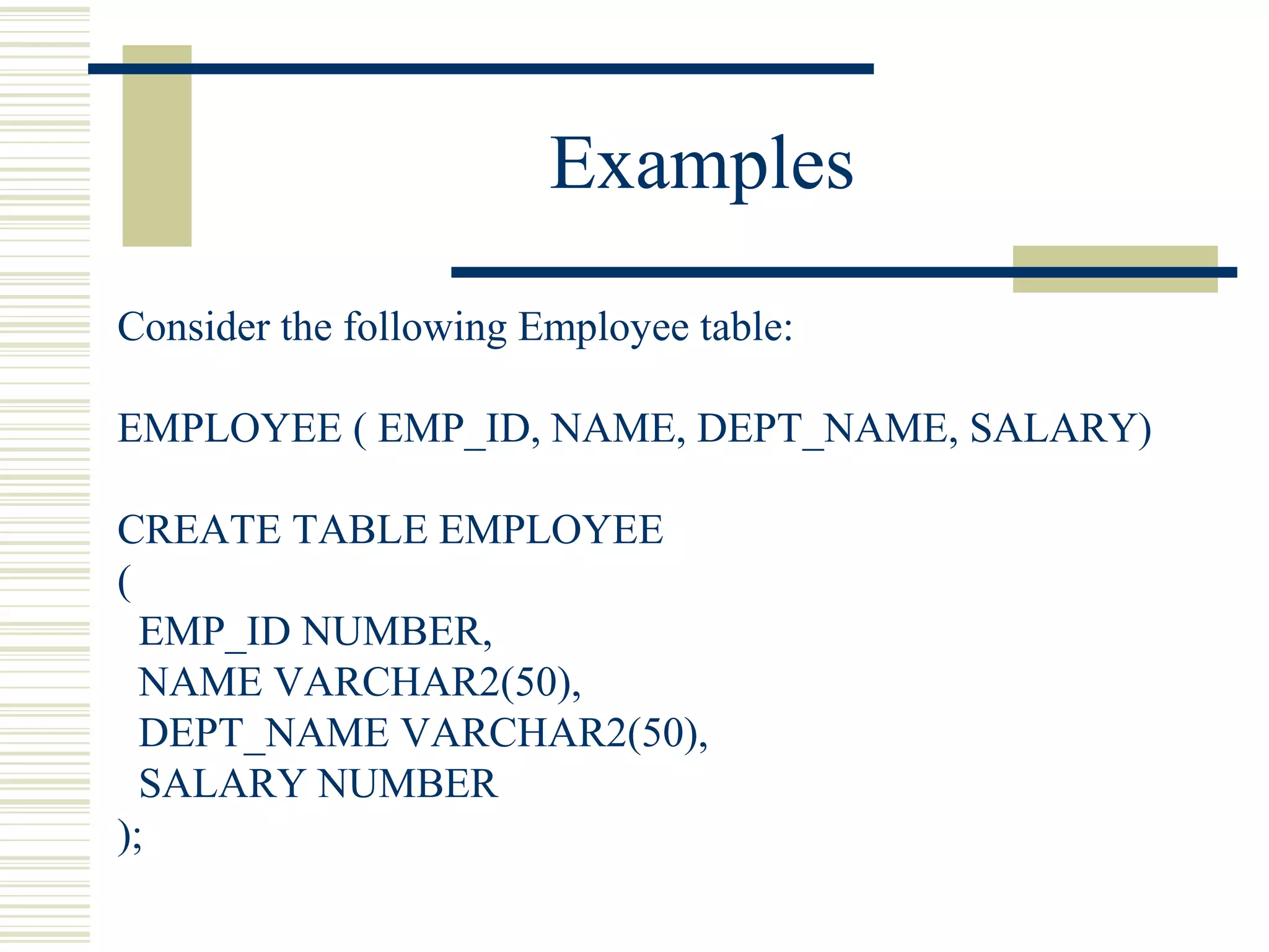 Examples
Consider the following Employee table:
EMPLOYEE ( EMP_ID, NAME, DEPT_NAME, SALARY)
CREATE TABLE EMPLOYEE
(
EMP_ID NUMBER,
NAME VARCHAR2(50),
DEPT_NAME VARCHAR2(50),
SALARY NUMBER
);
 