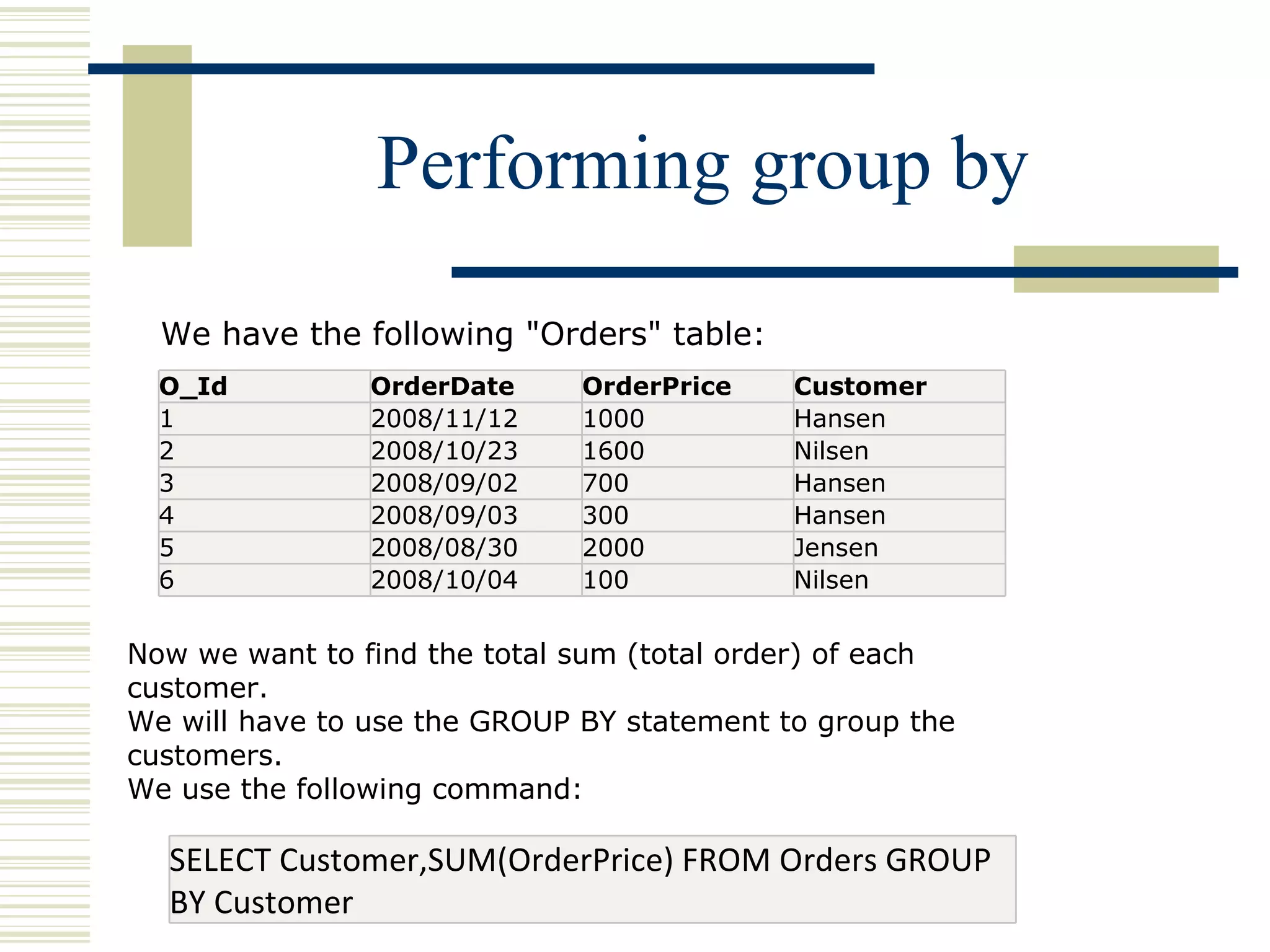 Performing group by We have the following &quot;Orders&quot; table: Now we want to find the total sum (total order) of each customer. We will have to use the GROUP BY statement to group the customers. We use the following command: O_Id OrderDate OrderPrice Customer 1 2008/11/12 1000 Hansen 2 2008/10/23 1600 Nilsen 3 2008/09/02 700 Hansen 4 2008/09/03 300 Hansen 5 2008/08/30 2000 Jensen 6 2008/10/04 100 Nilsen SELECT Customer,SUM(OrderPrice) FROM Orders GROUP BY Customer 