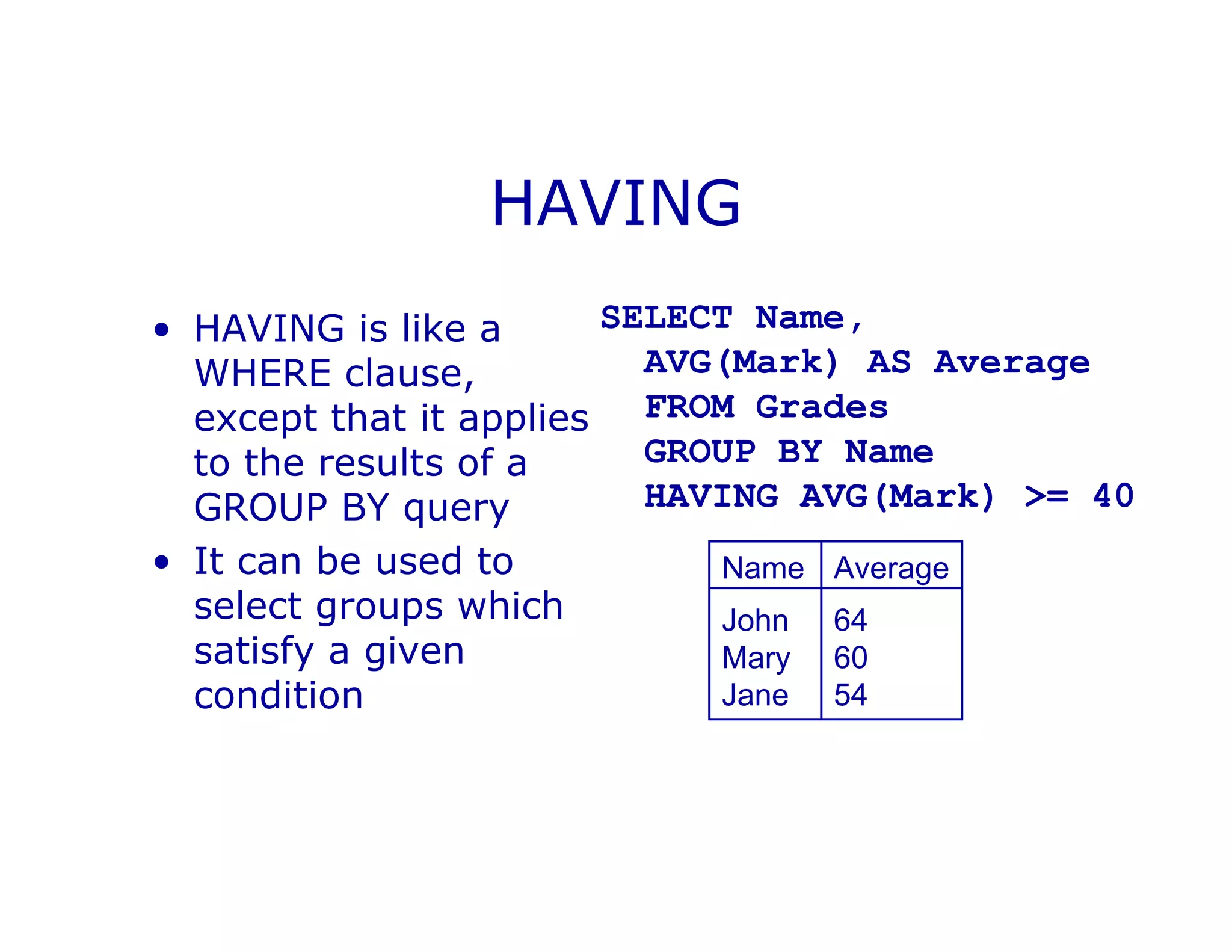 HAVING
• HAVING is like a
WHERE clause,
except that it applies
to the results of a
GROUP BY query
• It can be used to
select groups which
satisfy a given
condition
SELECT Name,
AVG(Mark) AS Average
FROM Grades
GROUP BY Name
HAVING AVG(Mark) >= 40
Name Average
John 64
Mary 60
Jane 54
 
