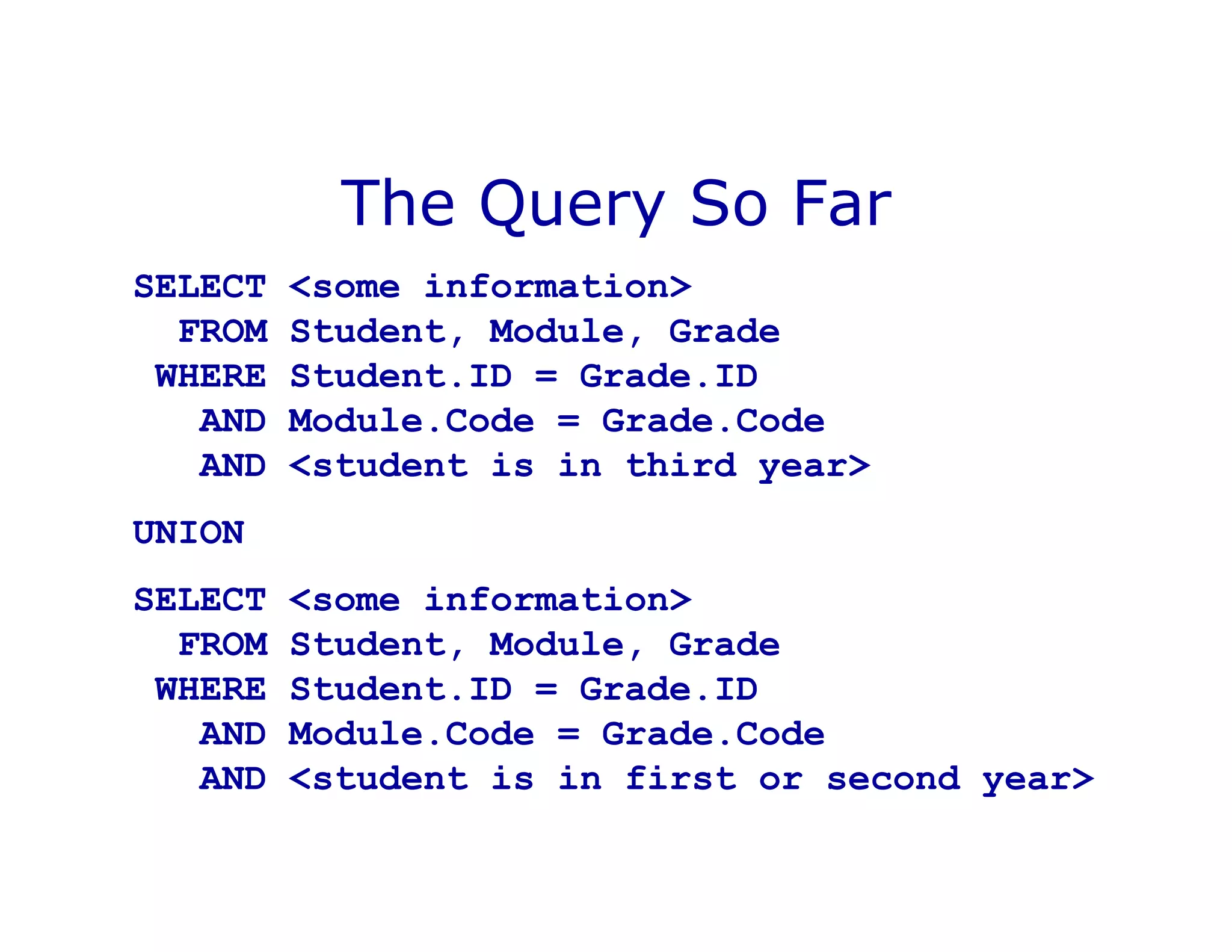 The Query So Far
SELECT <some information>
FROM Student, Module, Grade
WHERE Student.ID = Grade.ID
AND Module.Code = Grade.Code
AND <student is in third year>
UNION
SELECT <some information>
FROM Student, Module, Grade
WHERE Student.ID = Grade.ID
AND Module.Code = Grade.Code
AND <student is in first or second year>
 