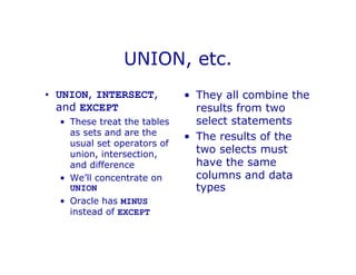 UNION, etc.
• UNION, INTERSECT,
and EXCEPT
• These treat the tables
as sets and are the
usual set operators of
union, intersection,
and difference
• We’ll concentrate on
UNION
• Oracle has MINUS
instead of EXCEPT
• They all combine the
results from two
select statements
• The results of the
two selects must
have the same
columns and data
types
 