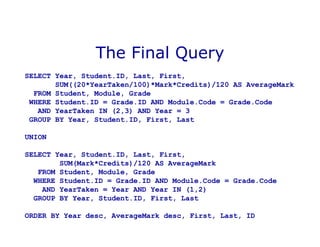 The Final Query
SELECT Year, Student.ID, Last, First,
SUM((20*YearTaken/100)*Mark*Credits)/120 AS AverageMark
FROM Student, Module, Grade
WHERE Student.ID = Grade.ID AND Module.Code = Grade.Code
AND YearTaken IN (2,3) AND Year = 3
GROUP BY Year, Student.ID, First, Last
UNION
SELECT Year, Student.ID, Last, First,
SUM(Mark*Credits)/120 AS AverageMark
FROM Student, Module, Grade
WHERE Student.ID = Grade.ID AND Module.Code = Grade.Code
AND YearTaken = Year AND Year IN (1,2)
GROUP BY Year, Student.ID, First, Last
ORDER BY Year desc, AverageMark desc, First, Last, ID
 
