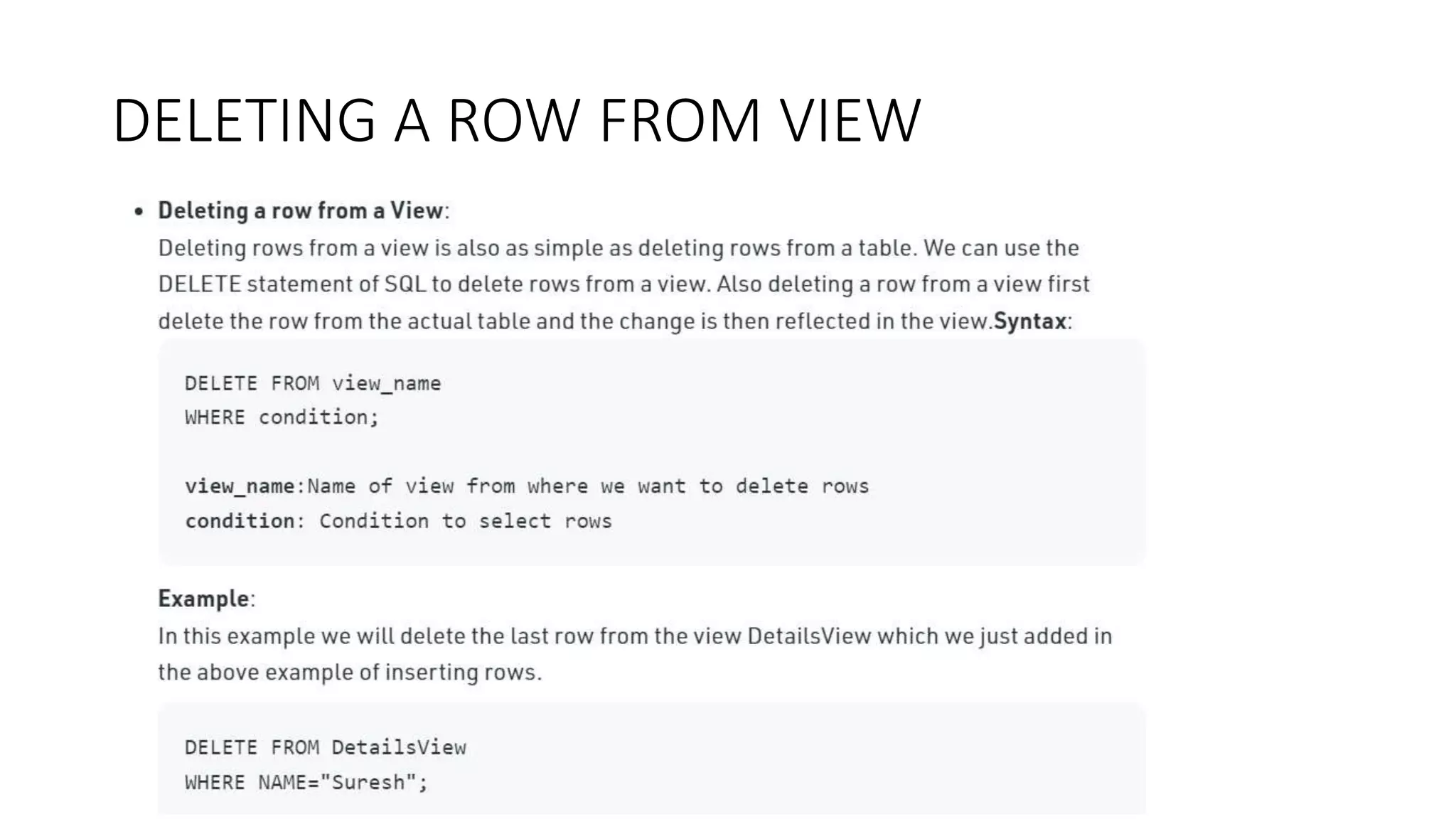 DELETING A ROW FROM VIEW
 