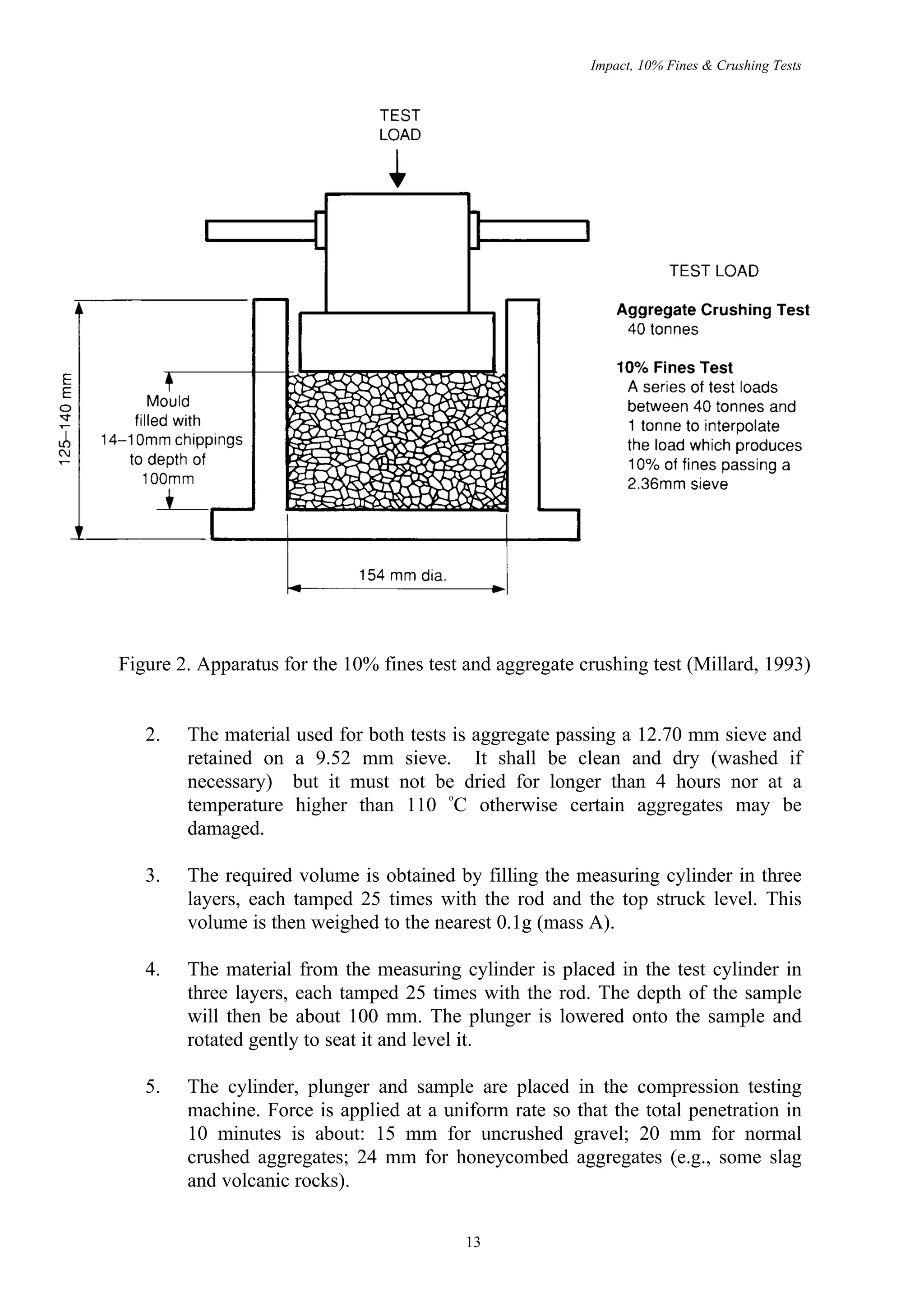 Impact, 10% Fines & Crushing Tests




Figure 2. Apparatus for the 10% fines test and aggregate crushing test (Millard, 1993)


   2.   The material used for both tests is aggregate passing a 12.70 mm sieve and
        retained on a 9.52 mm sieve. It shall be clean and dry (washed if
        necessary) but it must not be dried for longer than 4 hours nor at a
                                        o
        temperature higher than 110 C otherwise certain aggregates may be
        damaged.

   3.   The required volume is obtained by filling the measuring cylinder in three
        layers, each tamped 25 times with the rod and the top struck level. This
        volume is then weighed to the nearest 0.1g (mass A).

   4.   The material from the measuring cylinder is placed in the test cylinder in
        three layers, each tamped 25 times with the rod. The depth of the sample
        will then be about 100 mm. The plunger is lowered onto the sample and
        rotated gently to seat it and level it.

   5.   The cylinder, plunger and sample are placed in the compression testing
        machine. Force is applied at a uniform rate so that the total penetration in
        10 minutes is about: 15 mm for uncrushed gravel; 20 mm for normal
        crushed aggregates; 24 mm for honeycombed aggregates (e.g., some slag
        and volcanic rocks).

                                           13
 