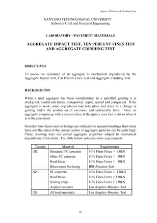 Impact, 10% Fines & Crushing Tests


              NANYANG TECHNOLOGICAL UNIVERSITY
                 School of Civil and Structural Engineering


                LABORATORY - PAVEMENT MATERIALS

 AGGREGATE IMPACT TEST, TEN PERCENT FINES TEST
        AND AGGREGATE CRUSHING TEST



OBJECTIVES

To assess the resistance of an aggregate to mechanical degradation by the
Aggregate Impact Test, Ten Percent Fines Test and Aggregate Crushing Test.


BACKGROUND

When a road aggregate has been manufactured to a specified grading it is
stockpiled, loaded into trucks, transported, tipped, spread and compacted. If the
aggregate is weak, some degradation may take place and result in a change in
grading and/or the production of excessive and undesirable fines. Thus, an
aggregate complying with a specification at the quarry may fail to do so when it
is in the pavement.

Granular base layers and surfacings are subjected to repeated loadings from truck
tyres and the stress at the contact points of aggregate particles can be quite high.
These crushing tests can reveal aggregate properties subject to mechanical
degradation of this form. The table below indicates some requirements.

      Country               Material                   Requirements
     UK            Structural PC concrete       10% Fines Force > l00kN
                   Other PC concrete            10% Fines Force > 50kN
                   Road bases                   10% Fines Force > 50kN
                   Bituminous Surfacing         BSI Abrasion Test
     NZ            PC concrete                  10% Fines Force > 130kN
                   Road bases                   10% Fines Force > 130kN
                   Sealing chips                10% Fines Force > 230kN
                   Asphalt concrete             Los Angeles Abrasion Test
     US            All road materials           Los Angeles Abrasion Test




                                        10
 