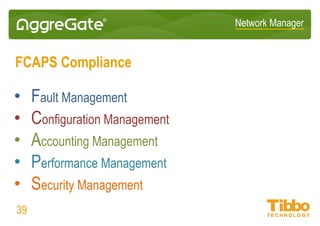 Network Manager
Database Monitoring
• Out-of-box deep performance monitoring for Oracle, MySQL, SQL Server,
PostgreSQL, and other enterprise databases
• Hundreds of metrics collected and visualized on bundled dashboards
• Execution of dynamic arbitrary select/update queries over any JDBC-
compliant database
• Injection of any business data from an external database into AggreGate
• Advanced query result processing, analysis and visualization
• Periodic, on-event, on-alert and on-demand query execution
39
 
