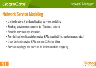 Network Manager
Network Service Modeling
• Unified network and application service modeling
• Binding service components to IT infrastructure
• Flexible service dependencies
• Pre-defined configurable service KPIs (availability, performance, etc.)
• User-defined service KPIs custom SLAs for them
• Service topology and service-to-infrastructure mapping
51
 