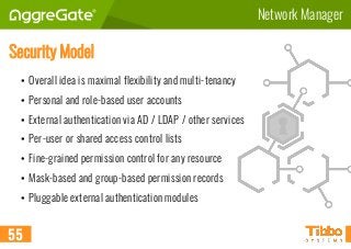 Security Model
• Overall idea is maximal flexibility and multi-tenancy
• Personal and role-based user accounts
• External authentication via AD / LDAP / other services
• Per-user or shared access control lists
• Fine-grained permission control for any resource
• Mask-based and group-based permission records
• Pluggable external authentication modules
55
Network Manager
 