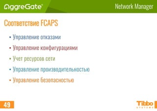 Network Manager
Соответствие FCAPS
• Управление отказами
• Управление конфигурациями
• Учет ресурсов сети
• Управление производительностью
• Управление безопасностью
49
 