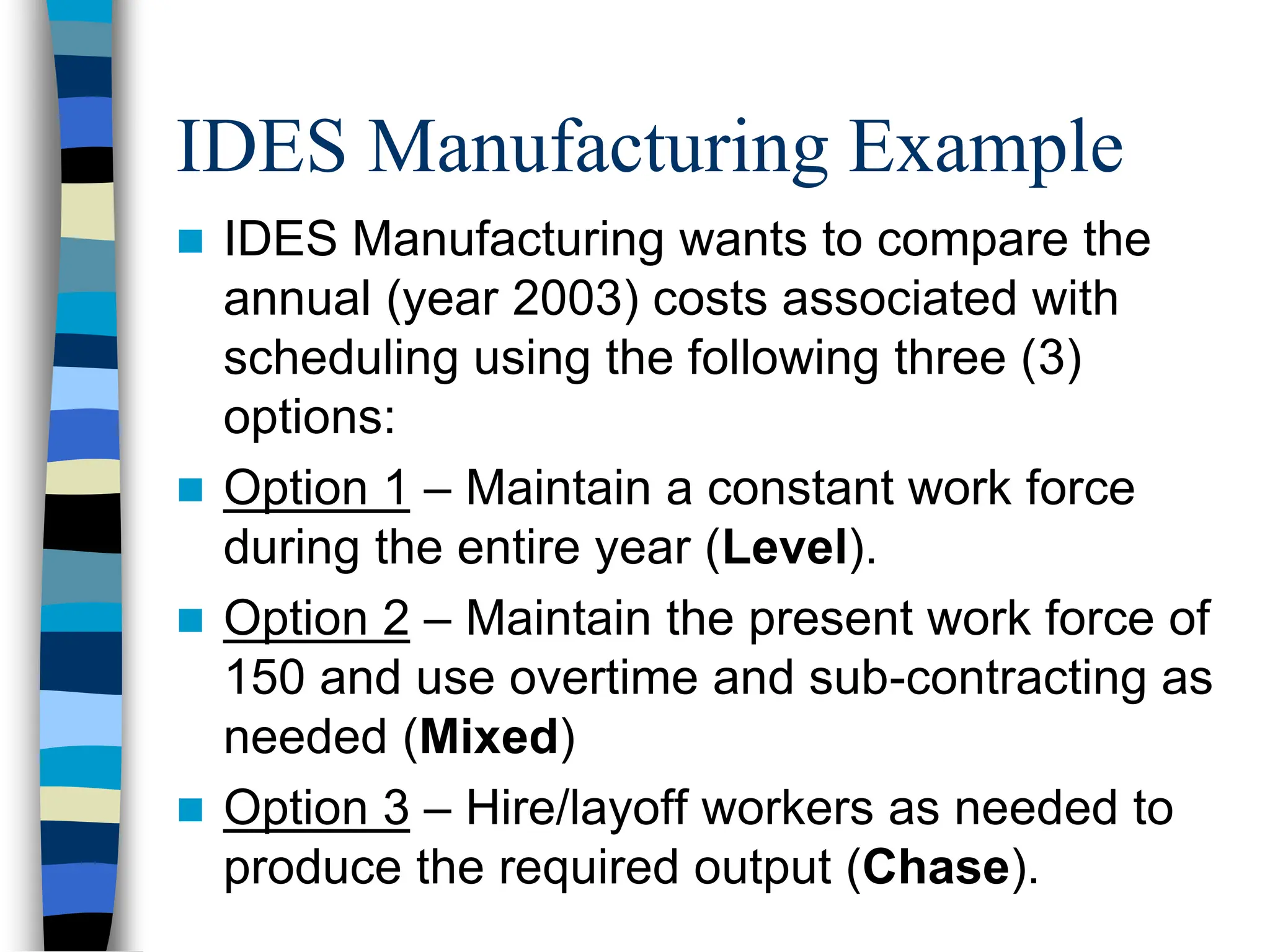 IDES Manufacturing Example
 IDES Manufacturing wants to compare the
annual (year 2003) costs associated with
scheduling using the following three (3)
options:
 Option 1 – Maintain a constant work force
during the entire year (Level).
 Option 2 – Maintain the present work force of
150 and use overtime and sub-contracting as
needed (Mixed)
 Option 3 – Hire/layoff workers as needed to
produce the required output (Chase).
 