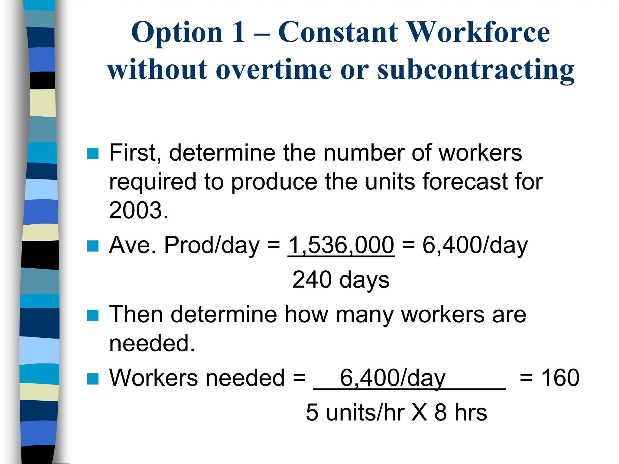 Option 1 – Constant Workforce
without overtime or subcontracting
 First, determine the number of workers
required to produce the units forecast for
2003.
 Ave. Prod/day = 1,536,000 = 6,400/day
240 days
 Then determine how many workers are
needed.
 Workers needed = 6,400/day = 160
5 units/hr X 8 hrs
 