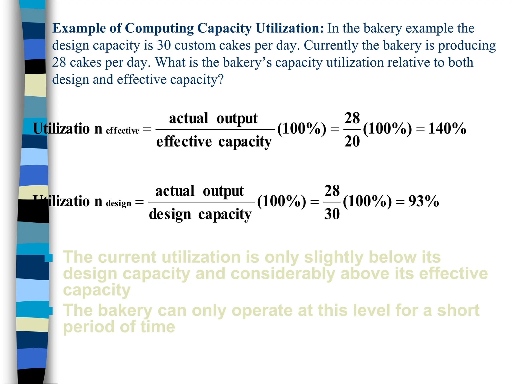Example of Computing Capacity Utilization: In the bakery example the
design capacity is 30 custom cakes per day. Currently the bakery is producing
28 cakes per day. What is the bakery’s capacity utilization relative to both
design and effective capacity?
93%
(100%)
30
28
(100%)
capacity
design
output
actual
n
Utilizatio
140%
(100%)
20
28
(100%)
capacity
effective
output
actual
n
Utilizatio
design
effective






 The current utilization is only slightly below its
design capacity and considerably above its effective
capacity
 The bakery can only operate at this level for a short
period of time
 