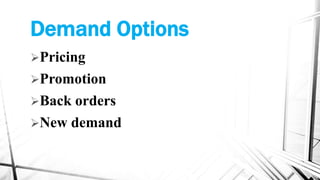 Demand Options
Pricing
Promotion
Back orders
New demand
 