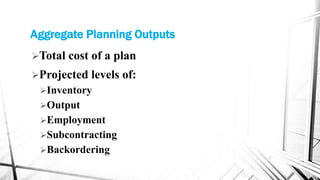 Aggregate Planning Outputs
Total cost of a plan
Projected levels of:
Inventory
Output
Employment
Subcontracting
Backordering
 