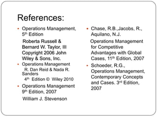 References:
 Operations Management,       Chase, R.B.,Jacobs, R.,
  5th Edition                   Aquilano, N.J.
  Roberta Russell &             Operations Management
  Bernard W. Taylor, III        for Competitive
  Copyright 2006 John           Advantages with Global
  Wiley & Sons, Inc.            Cases, 11th Edition, 2007
 Operations Management        Schoeder, R.G.,
   R. Dan Reid & Nada R.        Operations Management,
  Sanders
   4th Edition © Wiley 2010
                                Contemporary Concepts
                                and Cases. 3rd Edition,
 Operations Management
                                2007
  9th Edition, 2007
  William J. Stevenson
 