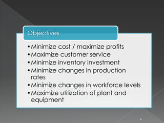•Minimize cost / maximize profits
•Maximize customer service
•Minimize inventory investment
•Minimize changes in production
rates
•Minimize changes in workforce levels
•Maximize utilization of plant and
equipment
Objectives
4
 