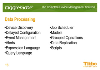 IoT Integration Platform
Data Storage Methods
• Key-Value database (configuration storage)
• NoSQL database (high performance event storage)
• Relational database (storage of cross-linked data items)
• Round-robin database (time series statistics, constant footprint and
extremely fast data retrieval)
• Graph database (topology data storage)
• File-based storage (lightweight, for embedded servers)
18
 