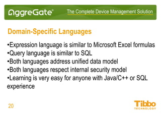IoT Integration Platform
Performance
• Hundred thousand devices per server
• Up to 5-10 million metrics per server
• Ten billion daily events/value updates per server
• 100-500 thousand stored events per second per server
• Unlimited number of servers in a distributed installation
• Unlimited scalability via multi-tier distributed architecture
20
 