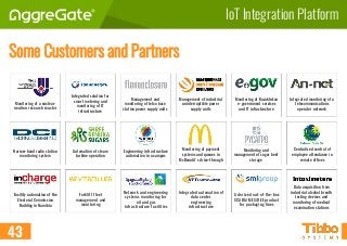 IoT Integration Platform
Some Customers and Partners
43
Monitoring of a nuclear-
neutron research reactor
Integrated solution for
smart metering and
monitoring of IT
infrastructure
Management and
monitoring of telco base
station power supply units
Management of industrial
uninterruptible power
supply units
Monitoring of Kazakhstan
e-government services
and IT infrastructure
Integrated monitoring of a
telecommunications
operator network
Narrow-band radio station
monitoring system
Data acquisition from
industrial alcohol breath
testing devices and
monitoring of medical
examination stations
Engineering infrastructure
automation in a campus
Monitoring of payment
systems and queues in
McDonald's drive-through
Monitoring and
management of sugar beet
storage
Centralized control of
employee attendance in
remote offices
Forklift fleet
management and
monitoring
Network and engineering
systems monitoring for
oil and gas
infrastructure facilities
Integrated automation of
data center
engineering
infrastructure
A derived out-of-the-box
SCADA/MES/OEE product
for packaging lines
Facility automation of the
Electoral Commission
Building in Namibia
Automation of steam
turbine operation
 