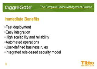 IoT Integration Platform
What’s the Difference?
09
AggreGate Platform Other IoT Platforms
Focus on private clouds of partners and customers Mostly abide by SaaS/PaaS delivery model
Successful competition in niche vertical markets Provide basic modules and APIs only, no CotS products
Full substitution of diverse vertical market products Don’t replace existing products (SCADA, NMS, etc.)
Cross-domain feature/module availability No domain-specific of cross-domain modules available
Orientation for large SIs and engineering companies Mostly oriented to OEM designing IoT devices
Good expertise in large multi-vendor infrastructures Normally just a few device types in every deployment
SaaS/PaaS + perpetual licensing with one-off payments Only SaaS/PaaS licensing available
 