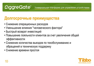Интеграционная IoT-платформа
10
Решения для вертикальных рынков
• Управление сетями
• Промышленная автоматизация и
SCADA
• Управление ЦОД
• Контроль доступа
• Автоматизация зданий
• Удаленный мониторинг
• Мониторинг
телекоммуникационных вышек
• Управление транспортом
• Торговые автоматы
• Сенсорные сети
• Считывание показателей
счетчиков
• Подсчет людей и транспорта
• Информационные панели
• Управление мобильными
устройствами
 