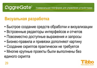 Интеграционная IoT-платформа
Визуализация данных
29
• Отчеты
• Виджеты
• Инструментальные панели
• Датчики
• Избранное
Виджеты могут использоваться
как:
• Формы ввода данных
• Графики/Тренды/Диаграммы
• Человеко-машинные
интерфейсы
• Карты этажа/помещения
• Карты топологии сети
• Географические карты и т.д.
 