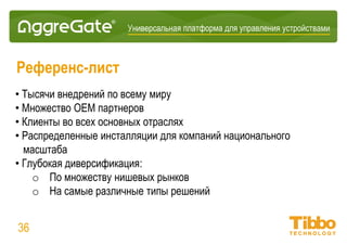 Интеграционная IoT-платформа
Комплект разработчика (SDK)
• Комплект разработки драйверов (нормализация данных на стороне
сервера)
• Комплект разработки агентов (нормализация данных на стороне
устройства)
• Plugin SDK (плагины обработки/хранения данных)
• Server API (полный удаленный доступ к серверу AggreGate)
• Типовые плагины, драйверы и агенты
36
 