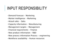 INPUT RESPONSIBILITY
•Demand Forecast - Marketing
•Market intelligence - Marketing
•Actual sales - Sales
•Capacity information - Manufacturing
•Management targets - Management
•Financial requirements - Finance
•New product information - R&D
•New process information Process - engineering
•Workforce availability - Human resources
 