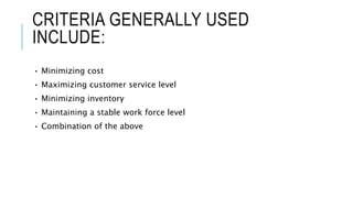 CRITERIA GENERALLY USED
INCLUDE:
• Minimizing cost
• Maximizing customer service level
• Minimizing inventory
• Maintaining a stable work force level
• Combination of the above
 
