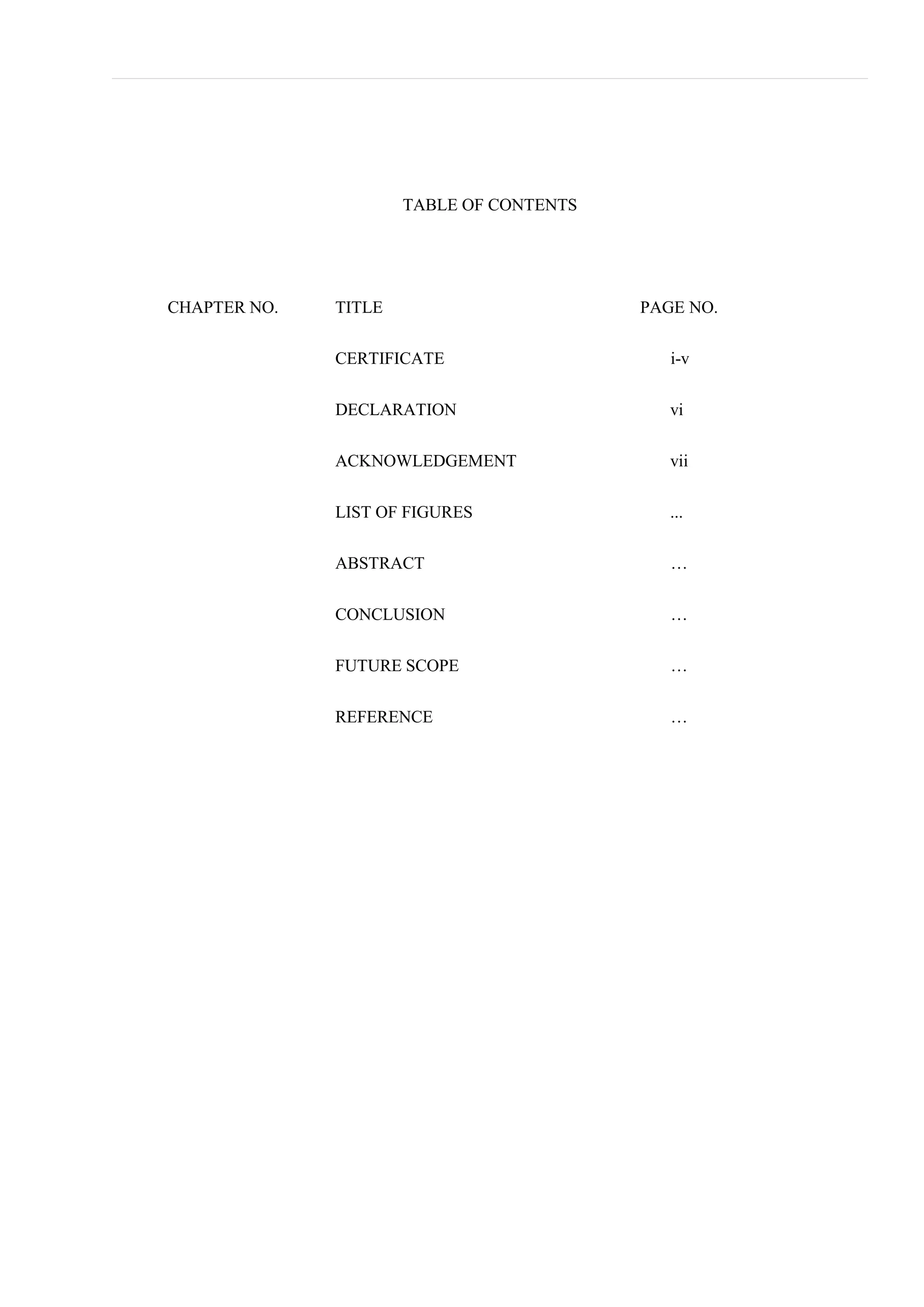 TABLE OF CONTENTS
CHAPTER NO. TITLE PAGE NO.
CERTIFICATE i-v
DECLARATION vi
ACKNOWLEDGEMENT vii
LIST OF FIGURES ...
ABSTRACT …
CONCLUSION …
FUTURE SCOPE …
REFERENCE …
 