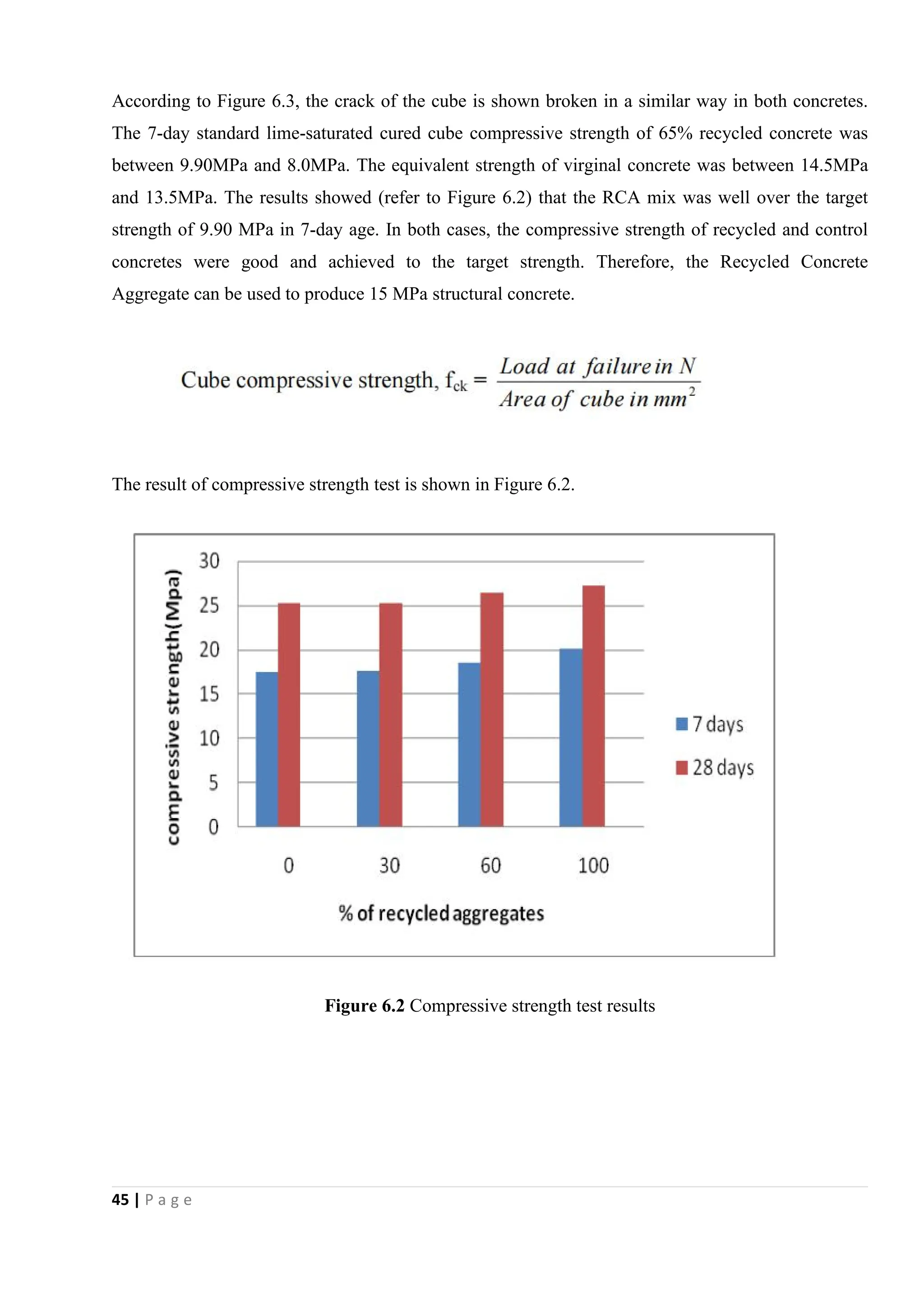 45 | P a g e
According to Figure 6.3, the crack of the cube is shown broken in a similar way in both concretes.
The 7-day standard lime-saturated cured cube compressive strength of 65% recycled concrete was
between 9.90MPa and 8.0MPa. The equivalent strength of virginal concrete was between 14.5MPa
and 13.5MPa. The results showed (refer to Figure 6.2) that the RCA mix was well over the target
strength of 9.90 MPa in 7-day age. In both cases, the compressive strength of recycled and control
concretes were good and achieved to the target strength. Therefore, the Recycled Concrete
Aggregate can be used to produce 15 MPa structural concrete.
The result of compressive strength test is shown in Figure 6.2.
Figure 6.2 Compressive strength test results
 