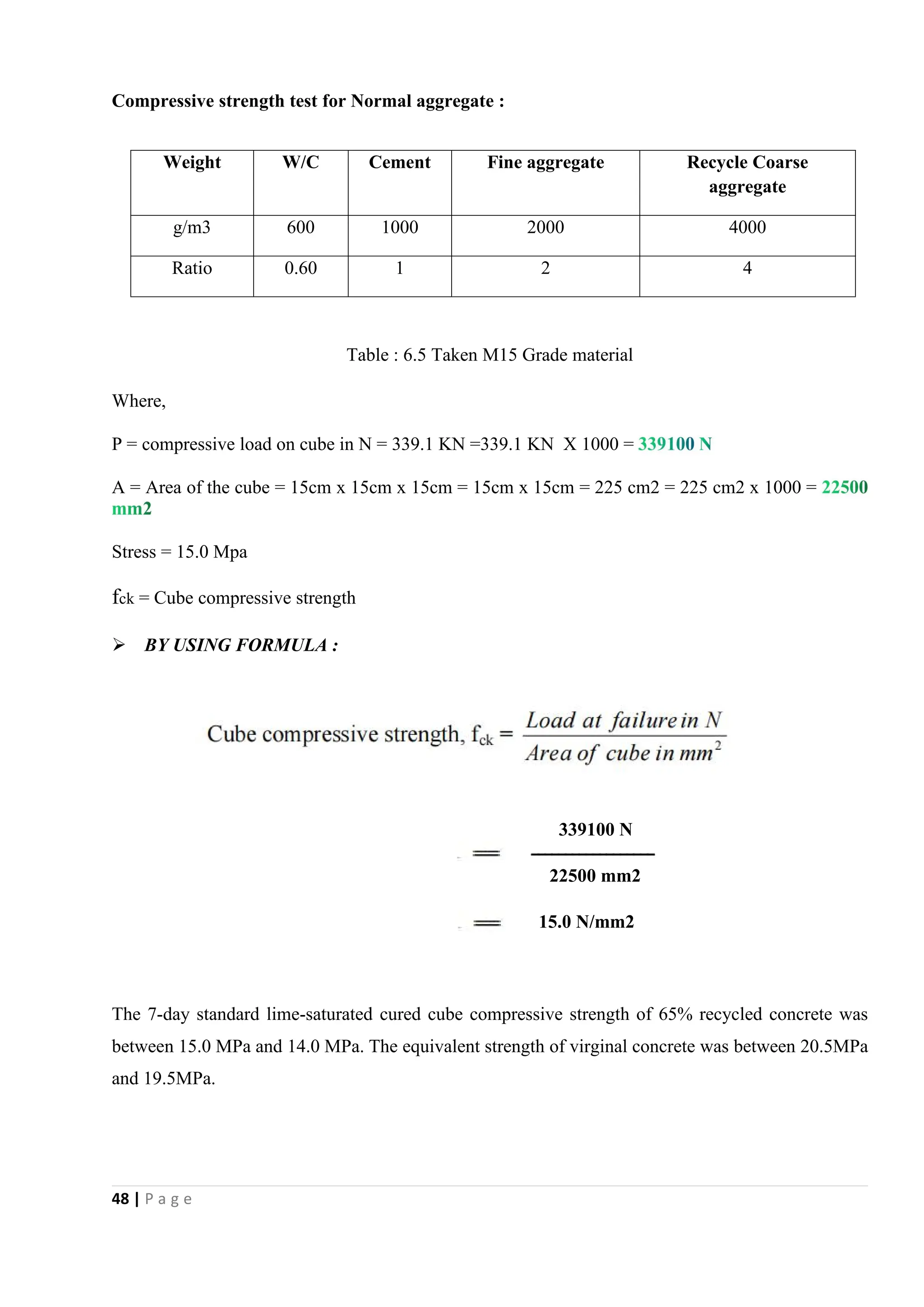 48 | P a g e
Compressive strength test for Normal aggregate :
Table : 6.5 Taken M15 Grade material
Where,
P = compressive load on cube in N = 339.1 KN =339.1 KN X 1000 =
A = Area of the cube = 15cm x 15cm x 15cm = 15cm x 15cm = 225 cm2 = 225 cm2 x 1000 =
Stress = 15.0 Mpa
fck = Cube compressive strength
 BY USING FORMULA :
339100 N
22500 mm2
15.0 N/mm2
The 7-day standard lime-saturated cured cube compressive strength of 65% recycled concrete was
between 15.0 MPa and 14.0 MPa. The equivalent strength of virginal concrete was between 20.5MPa
and 19.5MPa.
Weight W/C Cement Fine aggregate Recycle Coarse
aggregate
g/m3 600 1000 2000 4000
Ratio 0.60 1 2 4
 