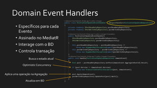Busca o estado atual
Aplica uma operação na Agregação
Atualiza em BD
OptimisticConcurrency
 