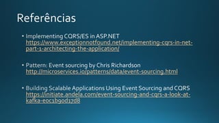https://www.exceptionnotfound.net/implementing-cqrs-in-net-
part-1-architecting-the-application/
http://microservices.io/patterns/data/event-sourcing.html
https://initiate.andela.com/event-sourcing-and-cqrs-a-look-at-
kafka-e0c1b90d17d8
 