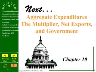 9 - 22
Copyright McGraw-Hill/Irwin, 2002
Private Closed Economy
Consumption and Saving
Nonincome Determinants of Consumption and Saving
Terminology, Shifts, and Stability
Investment
Shifts in Investment Demand
Investment Demand and Schedule
Instability of Investment
Equilibrium GDP
Key Terms
Previous
Slide
Next
Slide
End
Show
Next...
Aggregate Expenditures
The Multiplier, Net Exports,
and Government
Chapter 10
 
