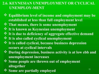 31
2.6. KEYNESIAN UNEMPLOYMENT OR CYCLICAL
UNEMPLOY-MENT
 Equilibrium level of income and employment may be
established at less than full employment level
 That means, there is some unemployment
 It is known as Keynesian unemployment
 It is due to deficiency of aggregate effective demand
 It is also called cyclical unemployment
 It is called cyclical, because business depression
occurs at cyclical intervals
 During depression, business activity is at low ebb and
unemployment increases
 Some people are thrown out of employment
altogether
 Some are partially employed
 