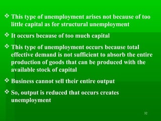 32
 This type of unemployment arises not because of too
little capital as for structural unemployment
 It occurs because of too much capital
 This type of unemployment occurs because total
effective demand is not sufficient to absorb the entire
production of goods that can be produced with the
available stock of capital
 Business cannot sell their entire output
 So, output is reduced that occurs creates
unemployment
 