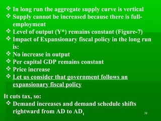 38
 In long run the aggregate supply curve is vertical
 Supply cannot be increased because there is full-
employment
 Level of output (Y*) remains constant (Figure-7)
 Impact of Expansionary fiscal policy in the long run
is:
 No increase in output
 Per capital GDP remains constant
 Price increase
 Let us consider that government follows an
expansionary fiscal policy
It cuts tax, so:
 Demand increases and demand schedule shifts
rightward from AD to AD1
 