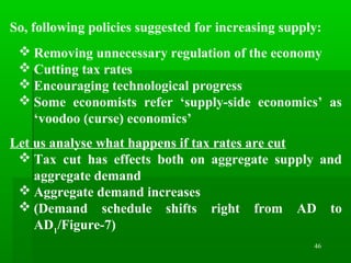 46
So, following policies suggested for increasing supply:
 Removing unnecessary regulation of the economy
 Cutting tax rates
 Encouraging technological progress
 Some economists refer ‘supply-side economics’ as
‘voodoo (curse) economics’
Let us analyse what happens if tax rates are cut
 Tax cut has effects both on aggregate supply and
aggregate demand
 Aggregate demand increases
 (Demand schedule shifts right from AD to
AD1
/Figure-7)
 
