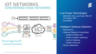 EAB-15:019299 Uen | Commercial in confidence | © Ericsson AB 2015 | 2015-03-12 | Page 7
IoT Networks
Constrained Node Networks
› Low Power Technologies
– IEEE 802.15.4, Low-Power Wifi, BT
LE, Zwave, NFC …
– 6LOWPAN
› Intelligent Gateway Selection
– Redundancy
– Gateway Selection Incorporates
› Quality of Radio Link
› Power in battery remaining
› Load on Gateway
› Quality of Service
– Device reallocation
Constrained Node Network
 
