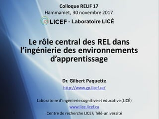 Le	rôle	central	des	REL	dans	
l’ingénierie	des	environnements	
d’apprentissage
Colloque	RELIF	17
Hammamet,	30	novembre	2017
1
Dr.	Gilbert	Paquette
http://www.gp.licef.ca/
Laboratoire	d’ingénierie	cognitive	et	éducative	(LICÉ)
www.lice.licef.ca
Centre	de	recherche	LICEF,	Télé-université
- Laboratoire LICÉ
 