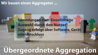 ‣ Sammlungen statt Einzelinhalte
‣ Auswahl durch den Nutzer
‣ Zugang erfolgt über Software, Gerät
oder Anschluss
Wir bauen einen Aggregator ...
Übergeordnete Aggregation
 