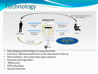 Technology
• Heat Mapping technologies to assessdemands
• God View- Real time aerial view of the movement of thecar
• DataAnalytics : how many times app is opened
• Dynamic pricealgorithm
• Webservers
• GPS technology
• Various Softwares
 