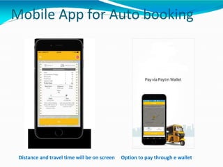 Mobile App for Auto booking
Distance and travel time will be on screen Option to pay through e wallet
 