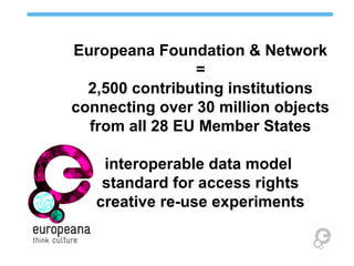 Europeana Foundation & Network
=
2,500 contributing institutions
connecting over 30 million objects
from all 28 EU Member States
interoperable data model
standard for access rights
creative re-use experiments
 