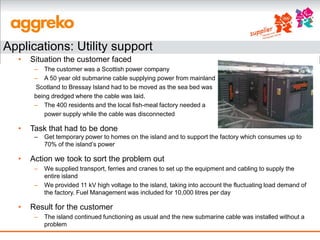 Applications: Utility support
  •   Situation the customer faced
       – The customer was a Scottish power company
       – A 50 year old submarine cable supplying power from mainland
       Scotland to Bressay Island had to be moved as the sea bed was
       being dredged where the cable was laid.
       – The 400 residents and the local fish-meal factory needed a
          power supply while the cable was disconnected

  •   Task that had to be done
       –   Get temporary power to homes on the island and to support the factory which consumes up to
           70% of the island’s power

  •   Action we took to sort the problem out
       –   We supplied transport, ferries and cranes to set up the equipment and cabling to supply the
           entire island
       –   We provided 11 kV high voltage to the island, taking into account the fluctuating load demand of
           the factory. Fuel Management was included for 10,000 litres per day

  •   Result for the customer
       –   The island continued functioning as usual and the new submarine cable was installed without a
           problem
 