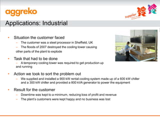 Applications: Industrial

•   Situation the customer faced
     – The customer was a steel processor in Sheffield, UK
     – The floods of 2007 destroyed the cooling tower causing
     other parts of the plant to explode

•   Task that had to be done
     – A temporary cooling tower was required to get production up
     and running

•   Action we took to sort the problem out
     –   We supplied and installed a 900 kW rental cooling system made up of a 600 kW chiller
         and a 300 kW chiller and provided a 800 kVA generator to power the equipment

•   Result for the customer
     –   Downtime was kept to a minimum, reducing loss of profit and revenue
     –   The plant’s customers were kept happy and no business was lost
 