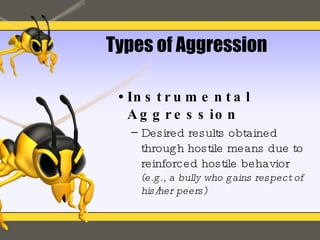 Types of Aggression Instrumental Aggression Desired results obtained through hostile means due to reinforced hostile behavior  (e.g., a bully who gains respect of his/her peers) 
