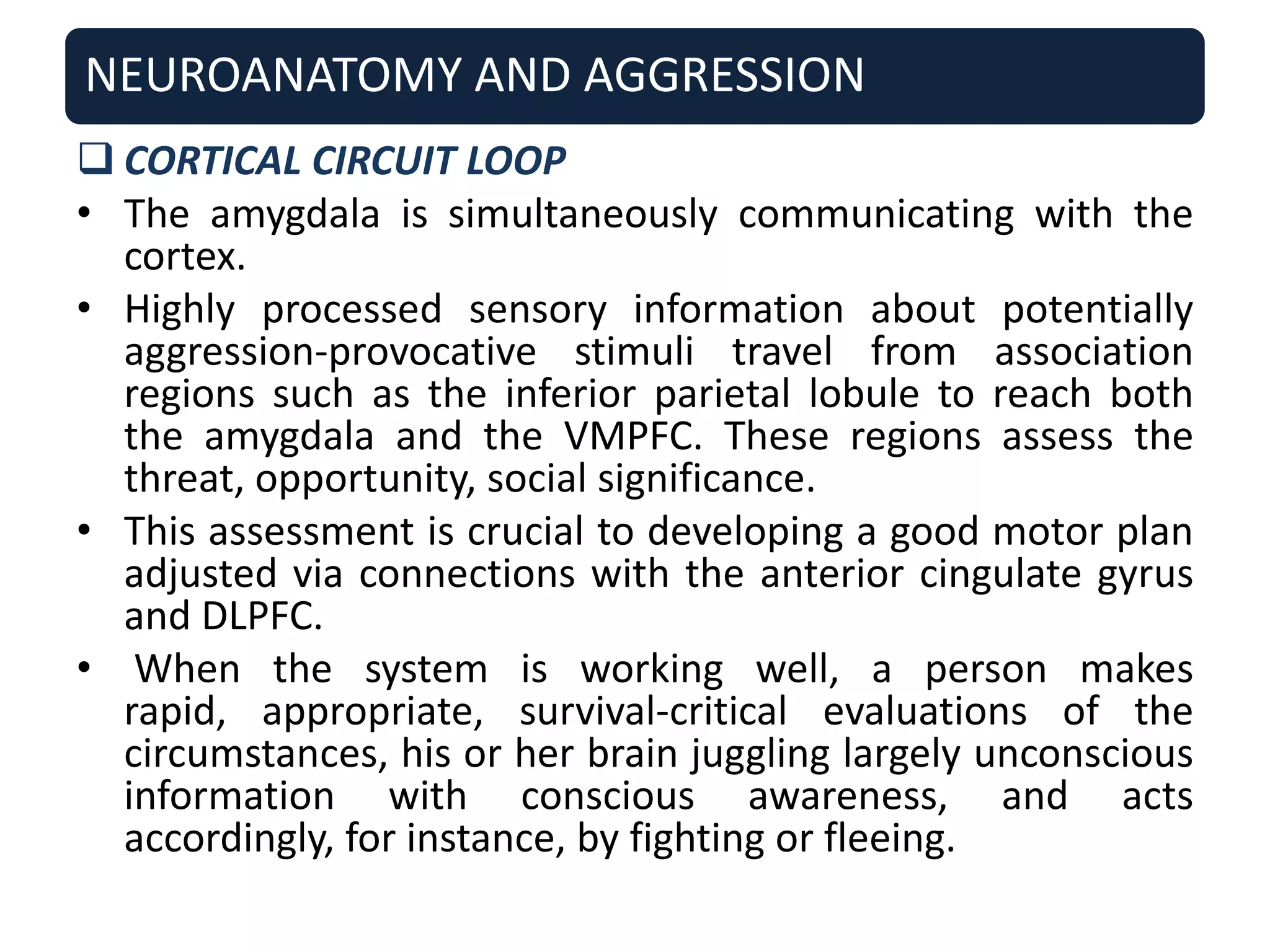 NEUROANATOMY AND AGGRESSION
 CORTICAL CIRCUIT LOOP
• The amygdala is simultaneously communicating with the
cortex.
• Highly processed sensory information about potentially
aggression-provocative stimuli travel from association
regions such as the inferior parietal lobule to reach both
the amygdala and the VMPFC. These regions assess the
threat, opportunity, social significance.
• This assessment is crucial to developing a good motor plan
adjusted via connections with the anterior cingulate gyrus
and DLPFC.
• When the system is working well, a person makes
rapid, appropriate, survival-critical evaluations of the
circumstances, his or her brain juggling largely unconscious
information with conscious awareness, and acts
accordingly, for instance, by fighting or fleeing.
 